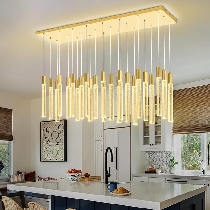 24-Light Rectangular Crystal Chandelier, Large Gold Bubble Crystal Column Pendant Light, Adjustable Height Hanging Chandeliers for Kitchen Island, Living Room, Foyer