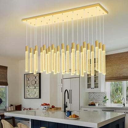 24-Light Rectangular Crystal Chandelier, Large Gold Bubble Crystal Column Pendant Light, Adjustable Height Hanging Chandeliers for Kitchen Island, Living Room, Foyer