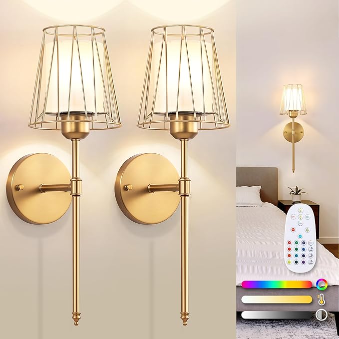 VbiTmn Wall Sconces Set of Two, Gold Wall Sconces Battery Operated, Rechargeable Wireless Wall Lights with Remote, 15 Colors Dimmable 3000K-6000K, Brass Wall Lamps for Bedroom Living Room