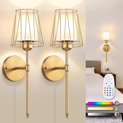 VbiTmn Wall Sconces Set of Two, Gold Wall Sconces Battery Operated, Rechargeable Wireless Wall Lights with Remote, 15 Colors Dimmable 3000K-6000K, Brass Wall Lamps for Bedroom Living Room