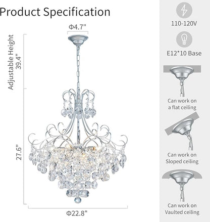 ANJIADENGSHI Crystal Chandelier K9 Crystal Lighting Chandelier for Living Room 10 E12 Bulbs High 27.6 in x Diameter 22.8 in, Silvery