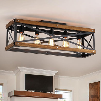 5-Light Large Rustic Farmhouse Wood Flush Mount Ceiling Light Fixture 31.5 inch Oak Wood and Metal Rectangular Track Semi Flush Mount Ceiling Light for Kitchen Living Room Bedroom Indoor, Black