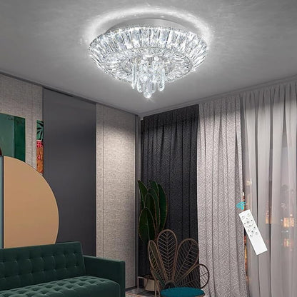 Crystal Chandelier 25W Modern Round Ceiling Light Fixture LED Raindrop Chandeliers Dimmable with Remote for Dining Room Living Room Entryway Hallway Bedroom Silver