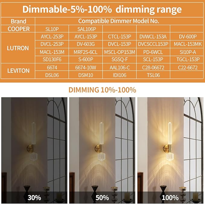Gold Wall Sconces Set of Two, Modern Bathroom Light Fixture Dimmable LED Wall Sconces with Glass Shade, Bathroom Sconces Wall Lighting for Bedroom Living Room