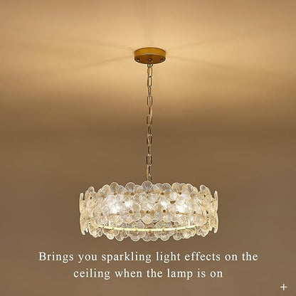 Modern Clear Flower Glass Chandelier 20" Elegant 6 Lights Gold Chandelier Light Fixture Luxury for Living Dining Room Kitchen Entryway Bedroom Foyer, E12