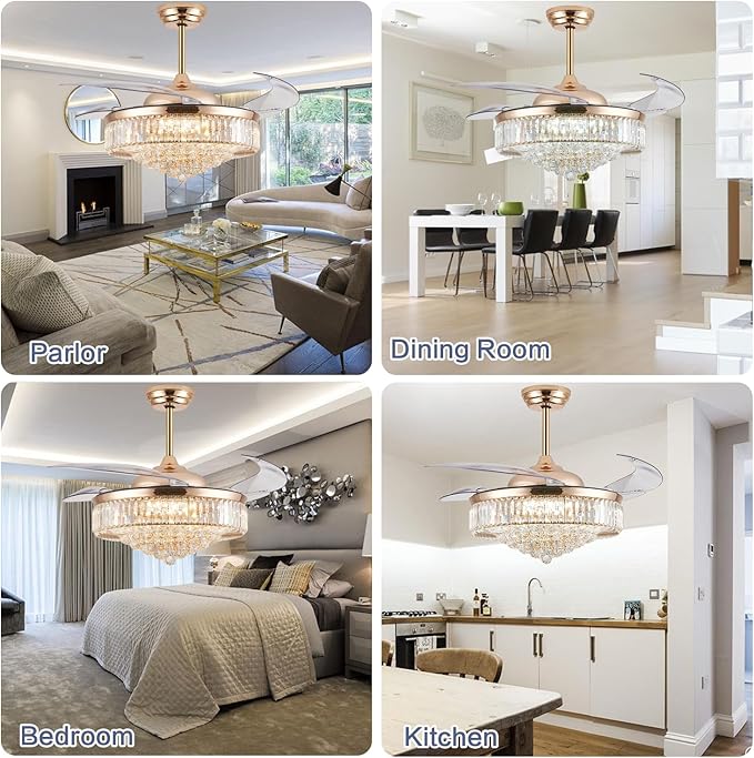 DuMaiWay 52" Dimmable Chandelier Ceiling Fan with Lights,Retractable Crystal Fandelier Ceiling Fan with APP Control for Bedroom Living Room Polished Gold 6 Speed