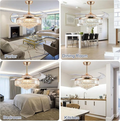 DuMaiWay 52" Dimmable Chandelier Ceiling Fan with Lights,Retractable Crystal Fandelier Ceiling Fan with APP Control for Bedroom Living Room Polished Gold 6 Speed