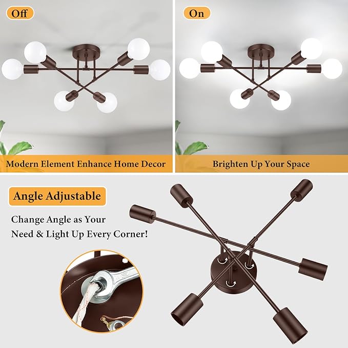 Bosceos Modern Sputnik Chandelier Ceiling Light Fixture 6-Light, Bedroom Light Fixture, Sputnik Lights Fixture for Living Room, Dining Room, Kitchen, Office, Foyer, Hallway (Brown) - E26 Base