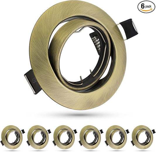 6 Pack Recessed Ceiling Downlight Fitting, Metal Downlight Frame for MR16 GU5.3 Bulbs, Adjustable Holder Applies to Artwork Cabinet, Antique Brass
