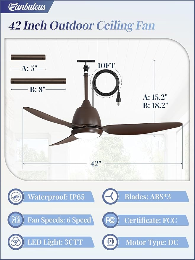 Fanbulous 42" Outdoor Ceiling Fan with Light, IP65 Waterproof Wet Rated, Plug in Gazebo Fan with 10FT Cord, Smart APP & Remote, 6-Speed Reversible DC Motor, 3CCT Dimmable LED for Patio Porch (Bronze)