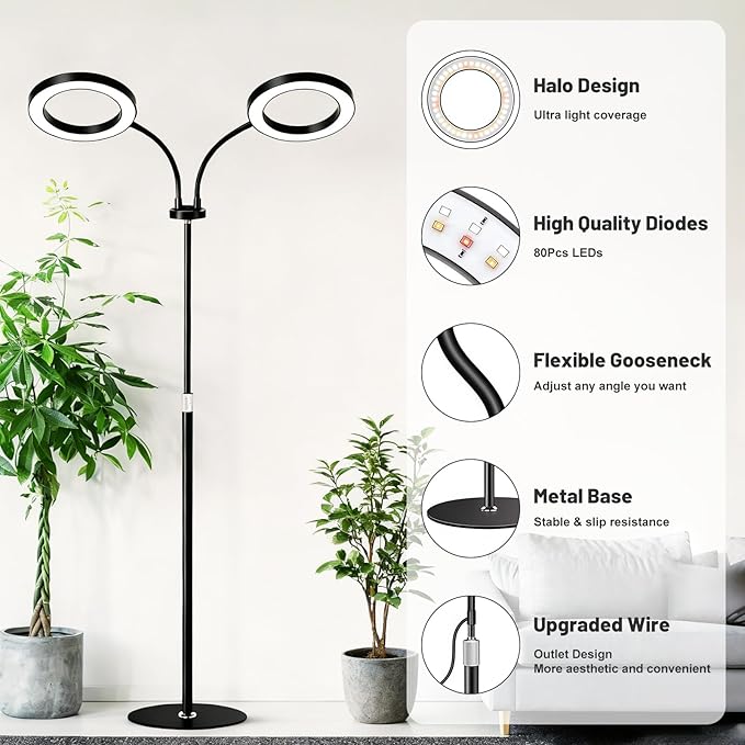 48W LED Grow Light for Indoor Plants, Dual-Head Plant Light with Full Spectrum, Adjustable Height 23-67"", Timer & Dimming, UV Light for Plants Indoor, Grow Lamp for Tall Houseplants