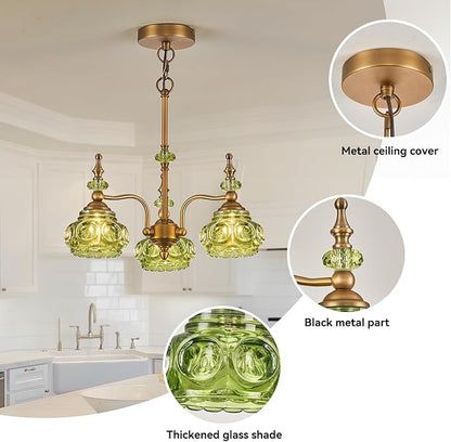 3-Light Green Pendant Lighting Fixtures Vintage Brass Pendant Light for Bedroom Kitchen Island Dining Room Living Room