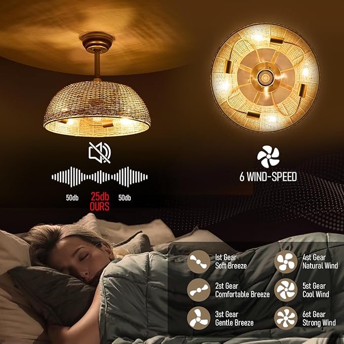 19.3" Rattan Caged Ceiling Fan with Lights 4-Lights Boho Flush Mount Bamboo Fandelier with Remote Reversible Farmhouse Wicker Fan Chandelier for Bedroom Living Room Dining Room Entryway