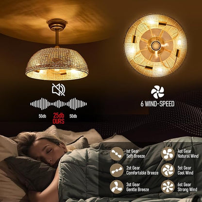19.3" Rattan Caged Ceiling Fan with Lights 4-Lights Boho Flush Mount Bamboo Fandelier with Remote Reversible Farmhouse Wicker Fan Chandelier for Bedroom Living Room Dining Room Entryway