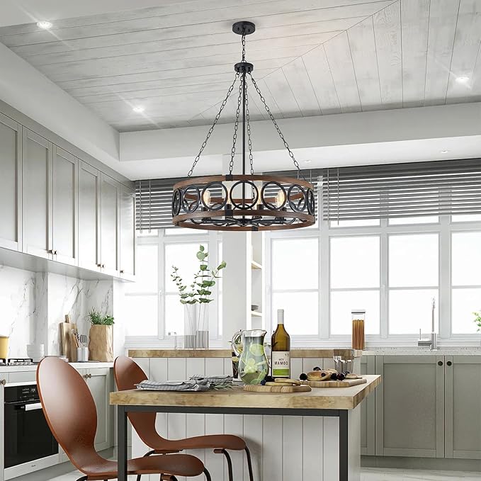 XINGQI Modern Farmhouse Chandelier 32.3" Large Drum 8 Lights Rustic Pendant Lighting Fixture for Living Room Dining Room Kitchen Island Bar Office, Round Metal Shade Black Wood Grain Finish