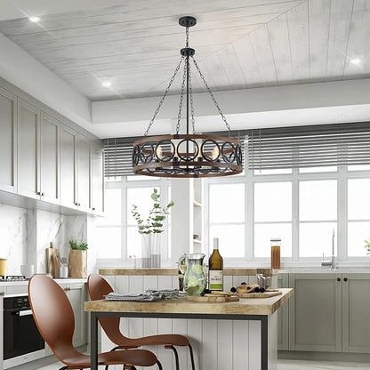 XINGQI Modern Farmhouse Chandelier 32.3" Large Drum 8 Lights Rustic Pendant Lighting Fixture for Living Room Dining Room Kitchen Island Bar Office, Round Metal Shade Black Wood Grain Finish