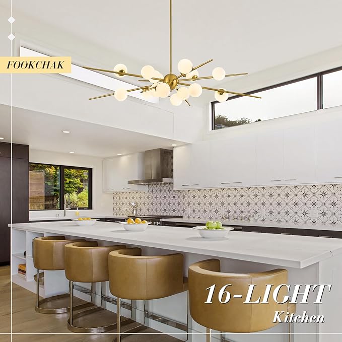 Large Gold Sputnik Chandelier 51in 16-Light Frosted Glass Chandelier Light Fixture Mid-Century Modern Molecular Chandeliers for Large Living Room Dining Room Foyer Kitchen Bedroom