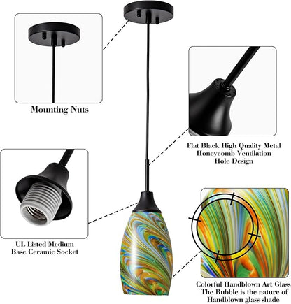 Viinew Mini Glass Pendant Light 4.72" Colorful Pattern Oval Pendant Lights 1-Pack Handblown Art Glass Hanging Pendant Light for Kitchen Island Dining Room Living Hallway Matte Black Metal