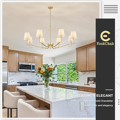 8 Light Brass Gold Chandelier with White Fabric Shade 44'' Linen Dining Room Chandeliers Over Table Kitchen Chandeliers Light Fixture for Living Room Bedroom Entryway Home Office