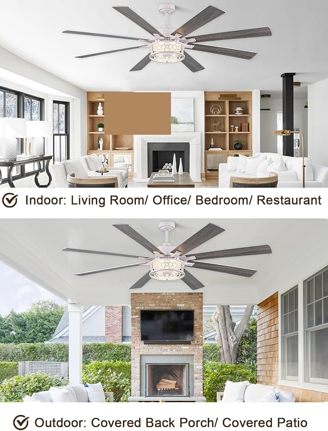72 Inch Farmhouse Ceiling Fan with Lights Large Rustic Ceiling Fan Retro White Caged Fandelier Industrial Chandelier Light with Remote for Indoor Outdoor, Reversible DC Motor 6 Speed