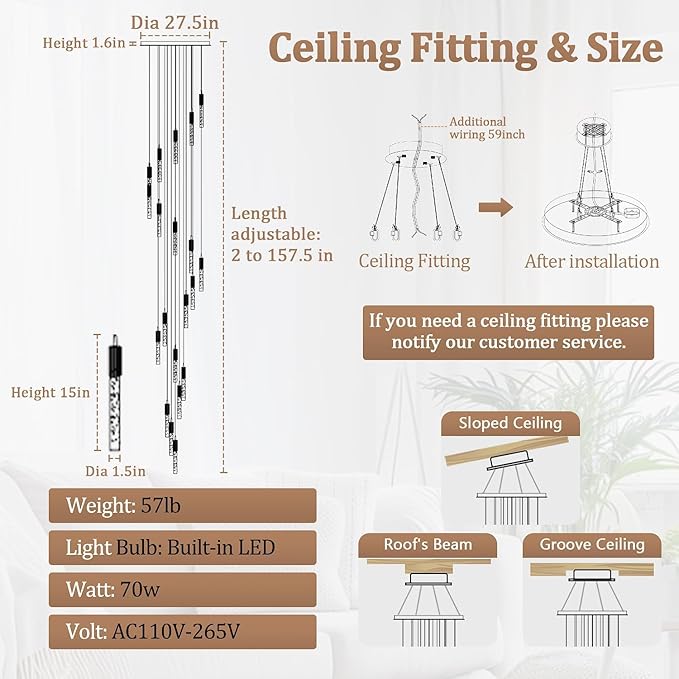 Flashing God Black 20 Lights High Ceiling Chandelier Modern Dimmable Light Fixtures Foyer Chandeliers Pendant Lighting Crystal Ceiling Chandelier Fixtures for Villa Staircase Hallway 11.5feet Long
