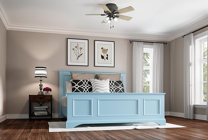Hunter 42 inch Indoor Ceiling Fan with LED Lights and Pull Chain - Low Profile Flush Mount Ceiling Fan, 5 Blades, For Bedroom, Living Room, or Kitchen, Quiet - Crestfield 52153, Noble Bronze