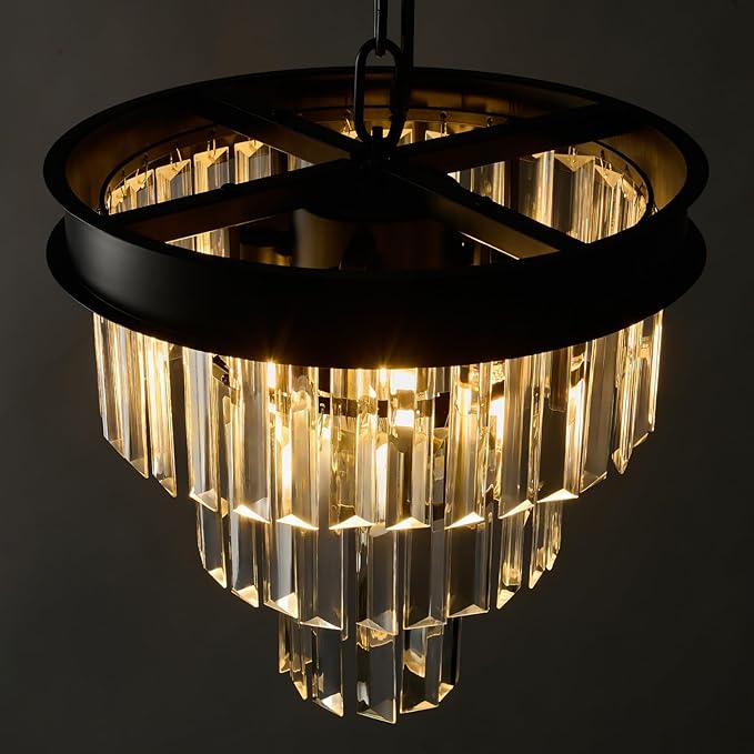 Modern Crystal Chandeliers For Dining Room: 12" Black Small Luxury Hanging Pendant Light Fixture Over Table - 3 Tiers Mini Round Chandelier For Kitchen Island Bedroom Entryway Foyer Closet 4 Lights
