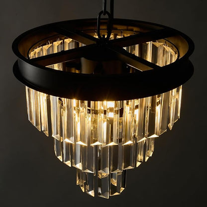 Modern Crystal Chandeliers For Dining Room: 12" Black Small Luxury Hanging Pendant Light Fixture Over Table - 3 Tiers Mini Round Chandelier For Kitchen Island Bedroom Entryway Foyer Closet 4 Lights