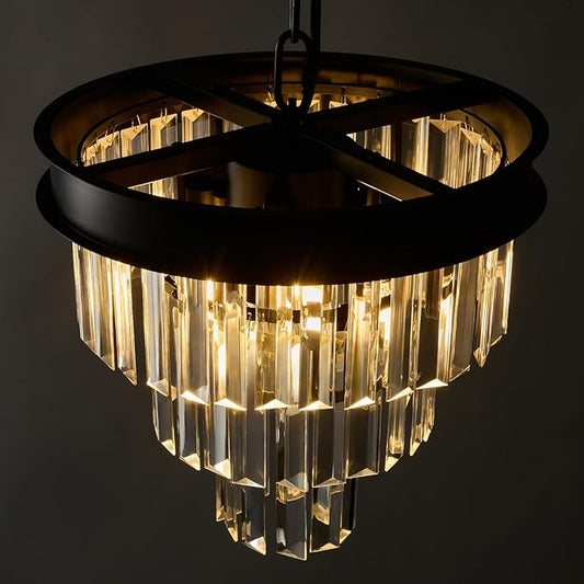 Modern Crystal Chandeliers For Dining Room: 12" Black Small Luxury Hanging Pendant Light Fixture Over Table - 3 Tiers Mini Round Chandelier For Kitchen Island Bedroom Entryway Foyer Closet 4 Lights