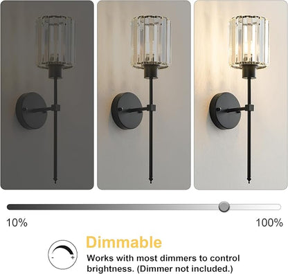 KARTOOSH Hardwired Crystal Wall Sconces Set of Two - Dimmable Wall Light Fixtures 3000K, Warm White, for Hallway, Bathroom, Living Room, Bedroom, Black, 20.1 Inch