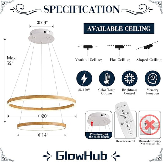2 Ring LED Chandelier for Dining Room, Wood Grain Circular Pendant Light Fixture Modern Boho Round Hanging Light Coastal Chandelier for Entryway Bedroom Office, 20 Inches Dimmable 3000-6500K