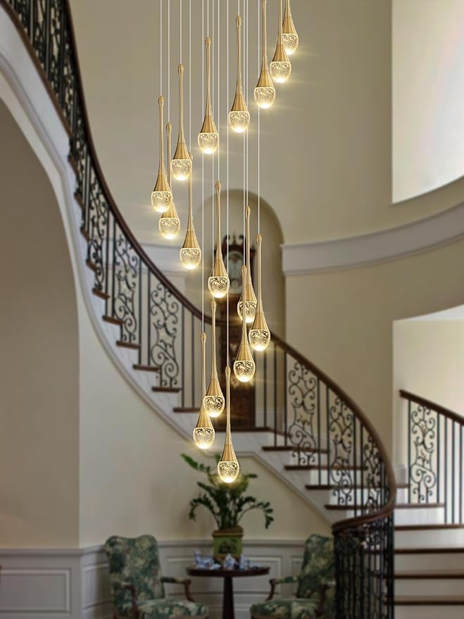 ykolupty Modern Crystal Chandeliers LED Dimmable Stairwell Chandelier Gold Teardrop Chandelier Large Pendant Light for Entryway Foyer Living Room