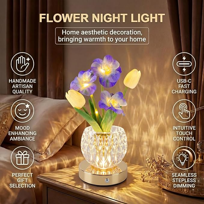 Flower Table Lamp, 3 Colors Touch Dimming Tulip Night Light, Rechargeable Artificial Flower Light, LED Flower with Vase Lamp Romantic Decor for Date Party Home (Blue-Sakura)