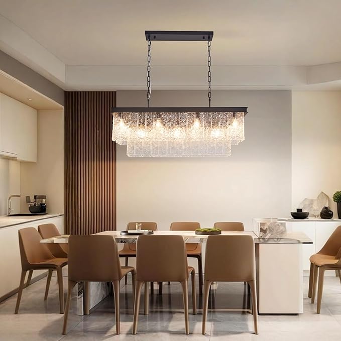Kitchen Island Chandelier Black Rectangular, 35.4 Inch 11-Light E12 Modern Dining Room Chandelier, Water Ripple Glass Adjustable Height Hanging Ceiling Light Fixture