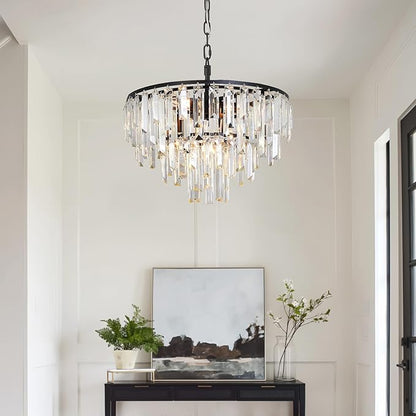 Modern Black Crystal Chandelier, 18" Round Chandeliers for Dining Room 4-Tier 6 Lights Luxury Top K9 Crystal Ceiling Pendant Light Fixture for Foyer Bedroom Closet