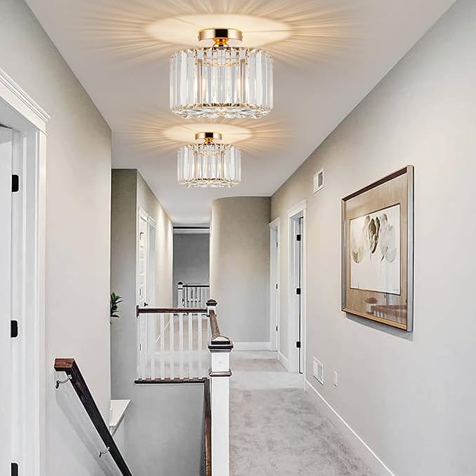 HOPGGIE 10.6 Inch Gold Chandelier Flush Mount Ceiling Light Mini Small Crystal Chandeliers Modern Hallway Light Fixtures Ceiling for Entryway Bedroom Bathroom Kitchen