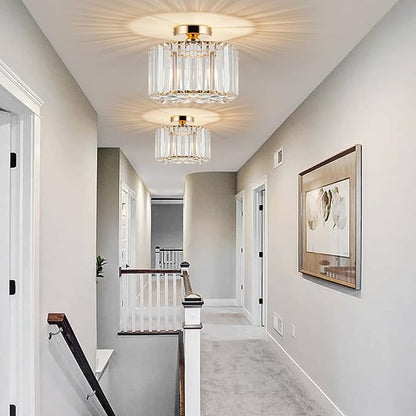 HOPGGIE 10.6 Inch Gold Chandelier Flush Mount Ceiling Light Mini Small Crystal Chandeliers Modern Hallway Light Fixtures Ceiling for Entryway Bedroom Bathroom Kitchen