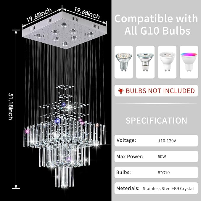 Crystal Chandelier Modern Chandelier Modern 8 Lights Square Chandelier Light Luxury 3 Tier Crystal Raindrop Chandeliers Flush Mount Ceiling Light Pendant for Foyer Modern Chandeliers for Entryway