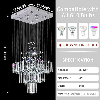 Crystal Chandelier Modern Chandelier Modern 8 Lights Square Chandelier Light Luxury 3 Tier Crystal Raindrop Chandeliers Flush Mount Ceiling Light Pendant for Foyer Modern Chandeliers for Entryway