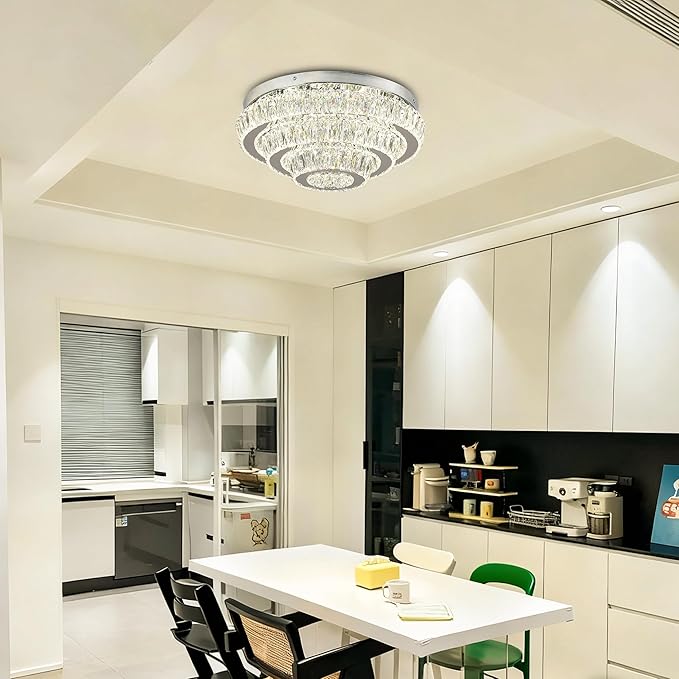 Modern 3-Tier Round Crystal Ceiling Light, 17.7" Flush Mount Chandelier, 3 Color Temperatures via Wall Switch, K9 Crystal LED Ceiling Lamp for Living Room Bedroom Dining Room Hallway, Non-Dimmable