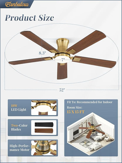 Fanbulous 52 inch ceiling fan with light, Low Profile Ceiling Fan with Light, App&Remote Control, Dimmable LED Light, Flush Mount Ceiling Fan for Indoor Bedroom Living Room, Qiuet DC Motor