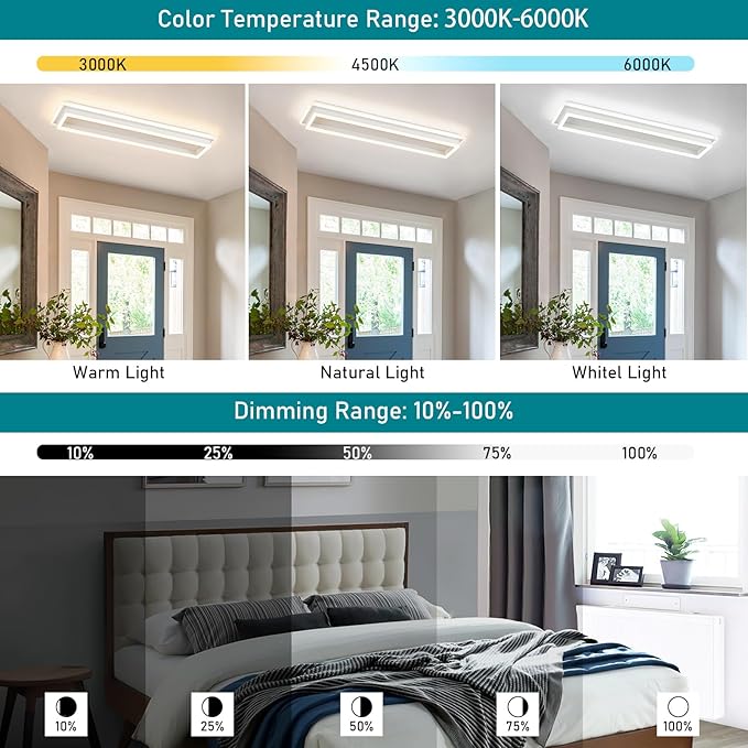 Dimmable Led Ceiling Light with Remote Control 31.5in Modern Linear Flush Mount Ceiling Lighting Fixture Acrylic Long Ceiling Lamp for Living Room Kitchen Dining Room Hallway (White, 2 Packs)