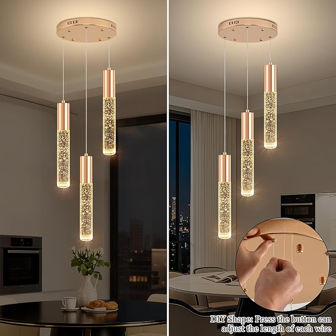 Modern Crystal Chandelier for Kitchen Island 3-Lights, Elegant Gold LED Bubble Pendant Lighting Fixture for Dining Room Bedroom Entryway