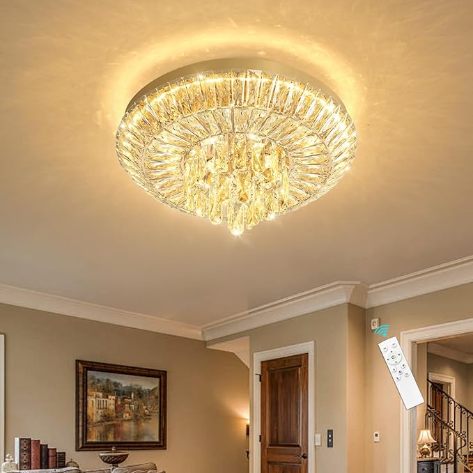 Crystal Chandelier 40W Modern Round Ceiling Light Fixture LED Raindrop Chandeliers Dimmable with Remote for Dining Room Living Room Entryway Hallway Bedroom Gold