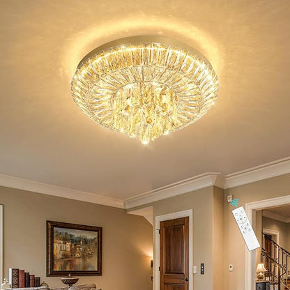 Crystal Chandelier 40W Modern Round Ceiling Light Fixture LED Raindrop Chandeliers Dimmable with Remote for Dining Room Living Room Entryway Hallway Bedroom Gold