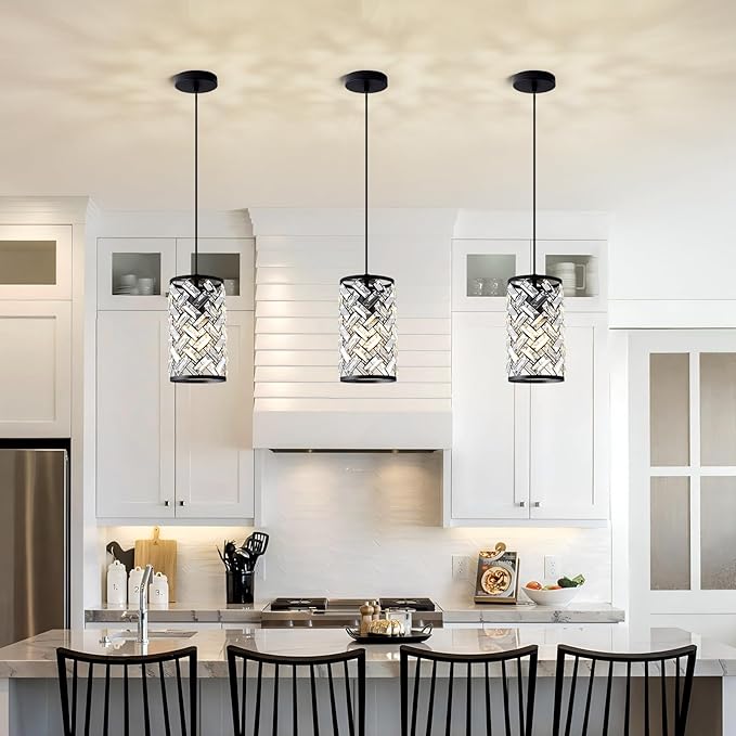 Black Crystal Pendant Lights Kitchen Island, Modern Mini Chandelier, Adjustable Hanging Ceiling Light Fixture for Kitchen Dining Room Bedroom Foyer Bar (1 Pack)