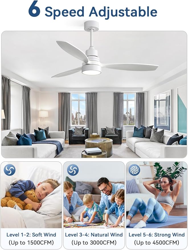Sofucor White Ceiling Fan with Lights and Remote, 52 Inch Modern Wood DC Motor Ceiling Fan with Downrods, for Farmhouse Bedroom Living Room Dining Room Patio Porch, Reversible, 3 Blades