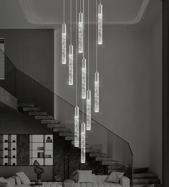 High Ceiling Crystal Chandelier 9-Lights, Spiral Dimmable LED Raindrop Foyer Pendant Light, Bubble Staircase Living Room Hanging Lighting Fixture Chrome
