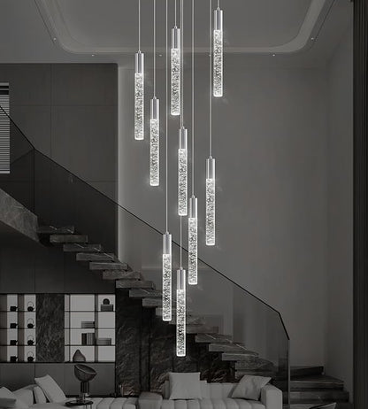 High Ceiling Crystal Chandelier 9-Lights, Spiral Dimmable LED Raindrop Foyer Pendant Light, Bubble Staircase Living Room Hanging Lighting Fixture Chrome