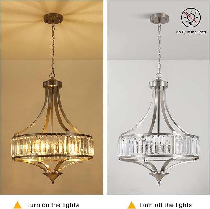 CNRATYE 20" Brushed Nickel Chandeliers for Dining Room, 5-Light Modern Crystal Chandelier for Entryway, Hanging Round Light Fixture for Kitchen Island Living Room Bedroom Office Bathroom Staircase